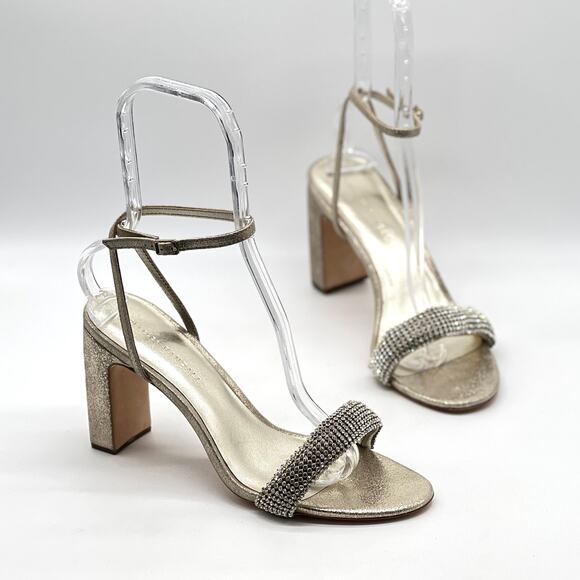 Loeffler Randall Shoes - LOEFFLER RANDAL Shay Rhinestone Ankle Strap Sandal Women 9.5 Gold Silver Leather